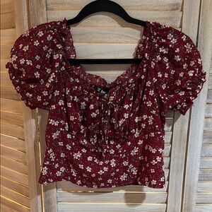 SHEIN Red Puff Sleeve Crop Blouse